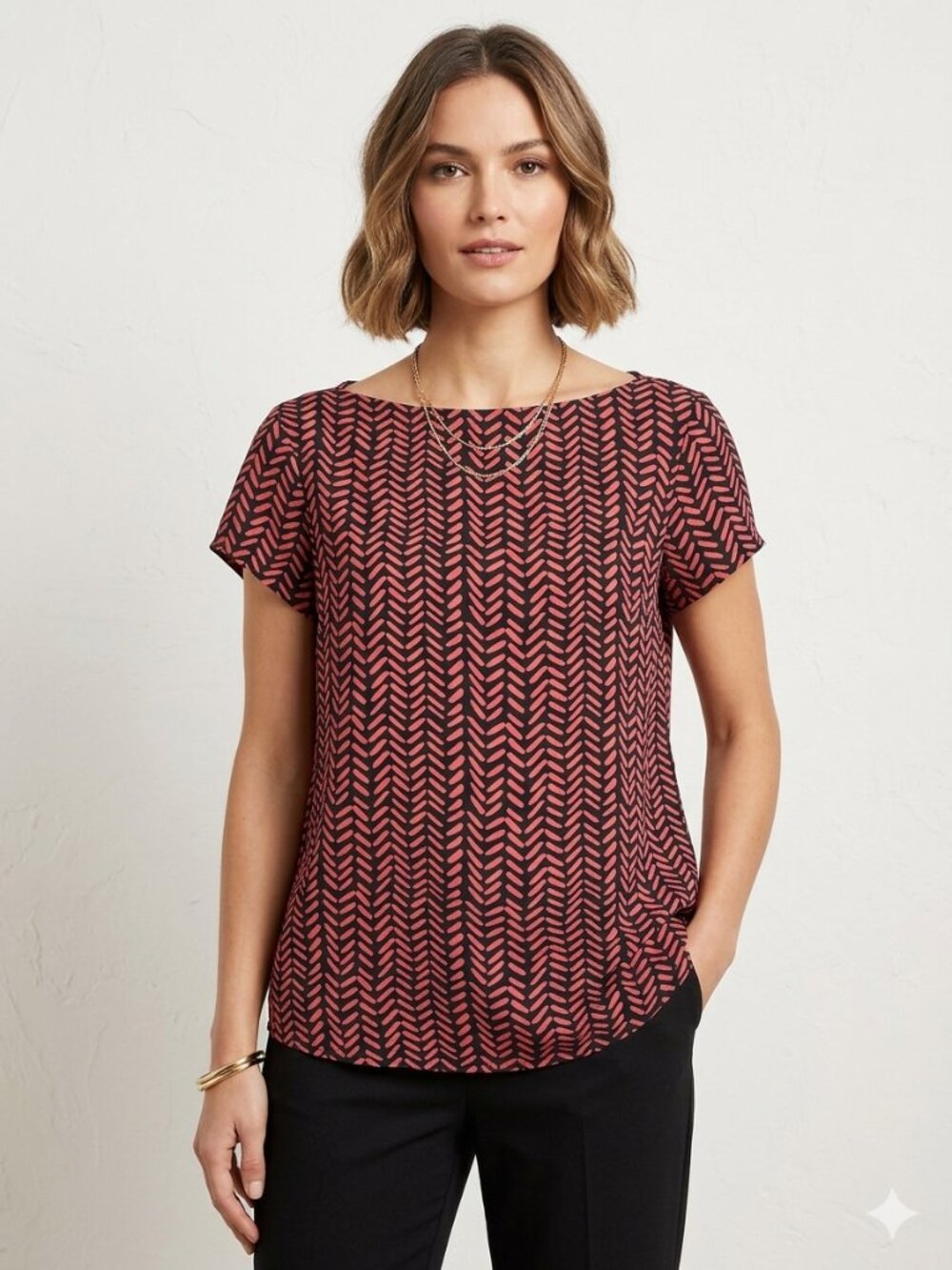 LOFT Red & Black Herringbone Boat Neck Blouse Short Sleeve Size M